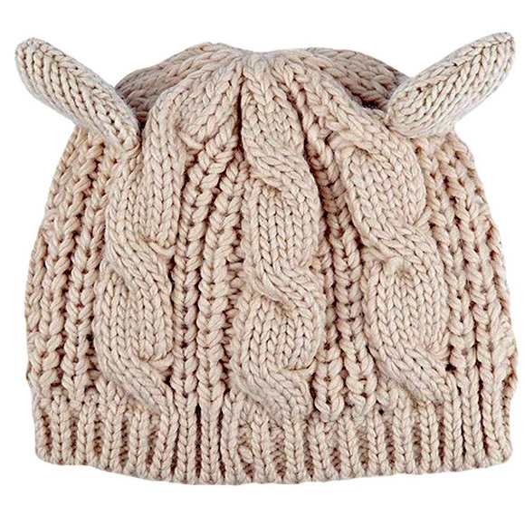 NWOT Beanie With Ears, Cable Knit In Beige - Picture 2 of 3
